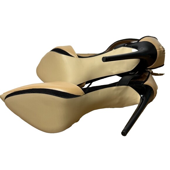 JustFab Lila Pointed Toe Stiletto Heels 8 New Ankle Strap Beige Black Going Out - Picture 6 of 9